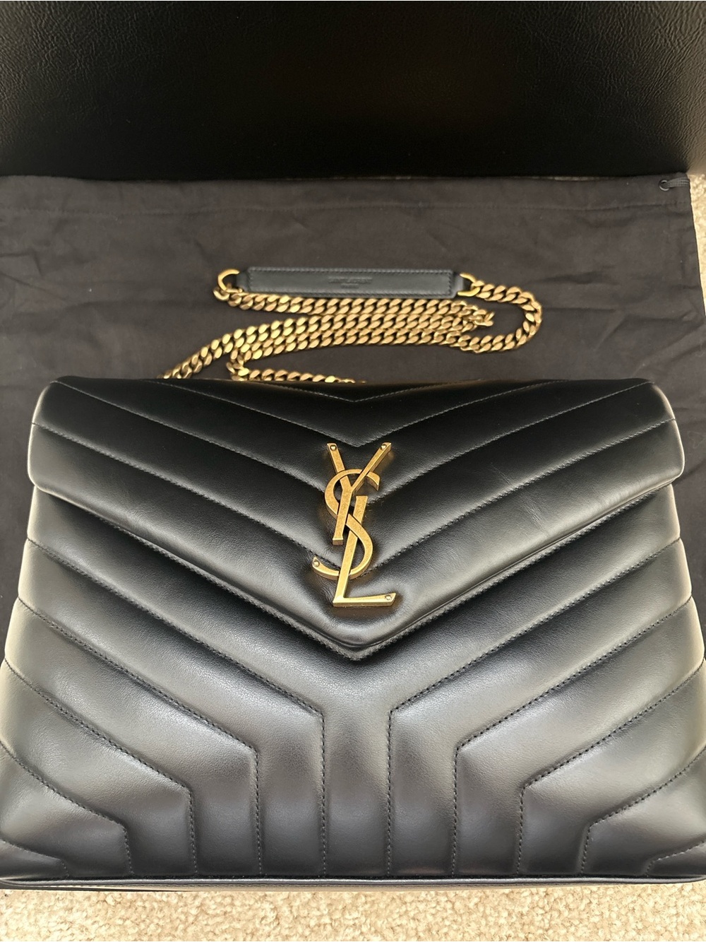 Saint Laurent Black Quilted Chevron Leather Shoulder Bag with Gold YSL Logo - Picture 15 of 15